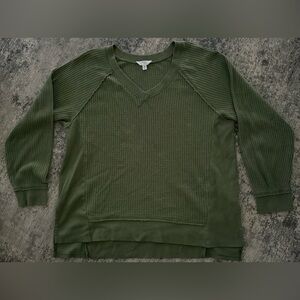 Dark Green V-Neck Waffle Knit Shirt